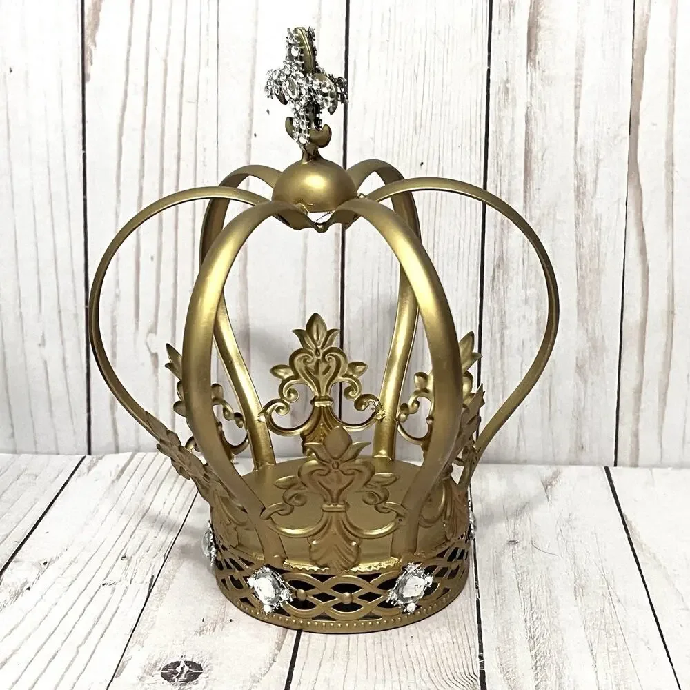 Gold Metal Crown Cake Topper Lightweight Fleur De Lis Rhinestone Design 8.5